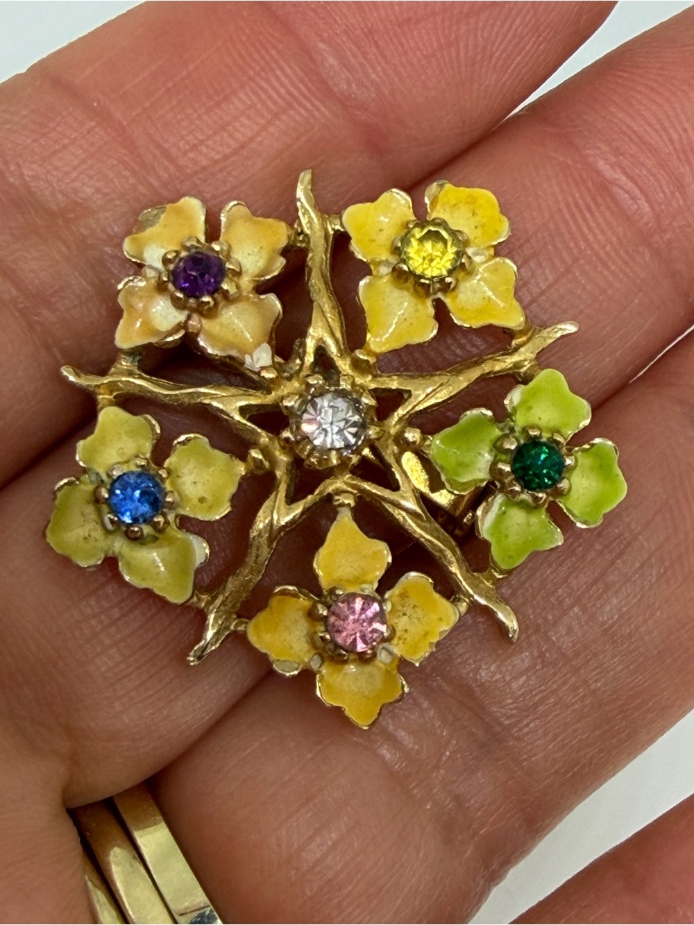 Vintage Floral Enamel Rhinestone Brooch Pin Multicolor Gold Tone Statement - Picture 6 of 7